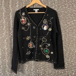 Vintage‎ Reference Point Beaded Snowman Cardigan Sweater Women's Medium